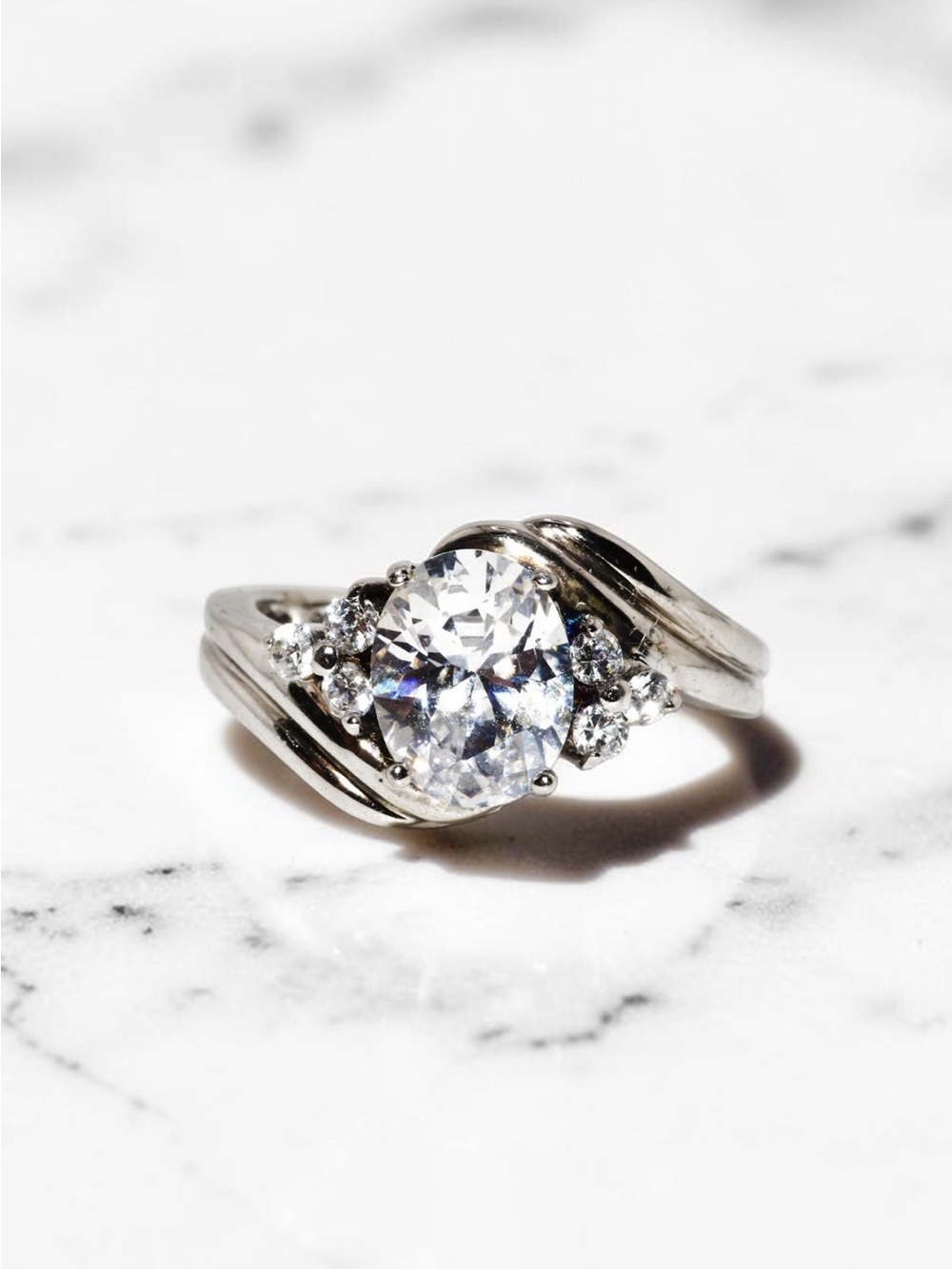 Solid 925 Sterling Silver Oval CZ Diamond Look Bypass Ring 2.80ctw Size 7.25